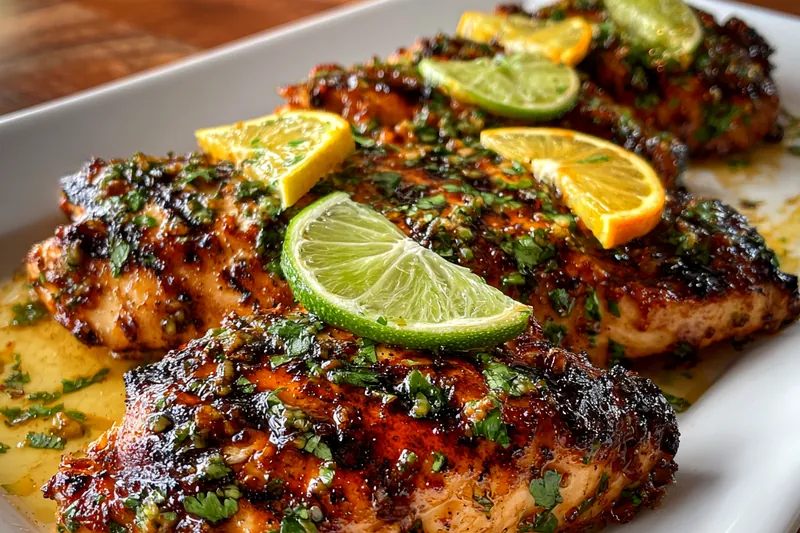 Chef grilling the marinated chicken on a barbecue grill with smoke rising and vibrant colors in the background.