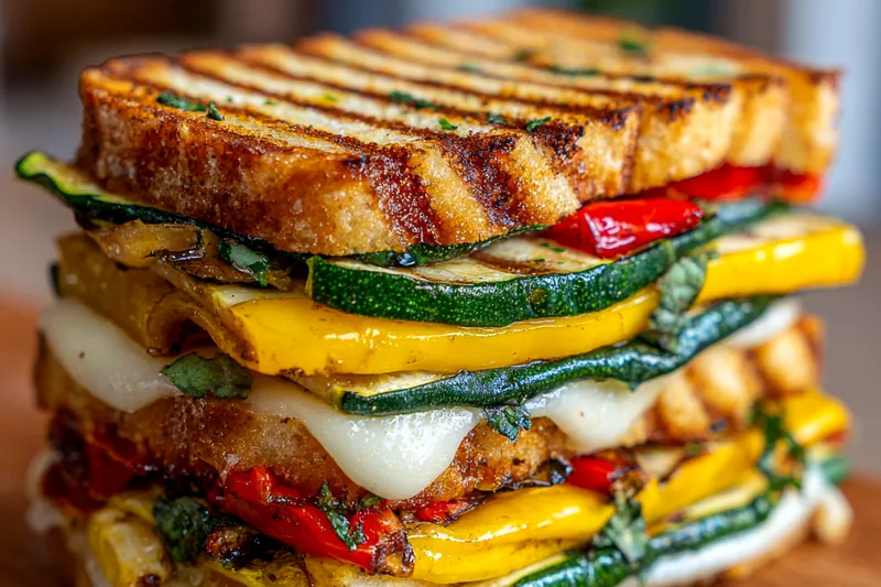 Chef grilling vegetables and mozzarella on a barbecue grill.