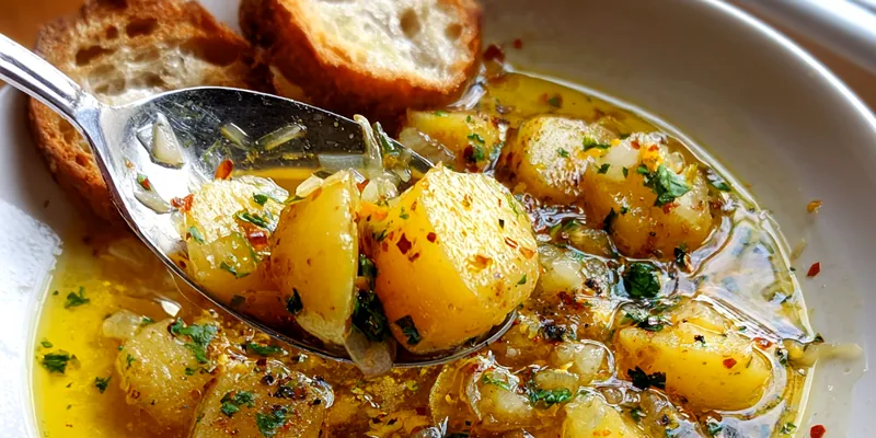 Close up overhead shot of golden garlic potato soup in a white bowl with oil glistening on top and fresh parsley