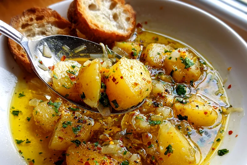 Raw ingredients for garlic potato soup: pile of yellow potatoes, head of garlic, onion, parsley, and olive oil on wooden board