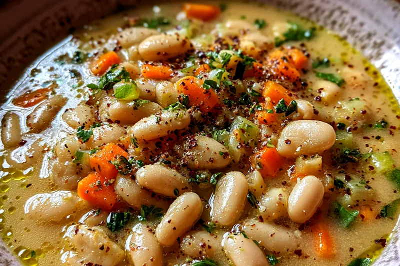 Chef stirring a large pot of Hearty Greek Bean Soup on the stove.