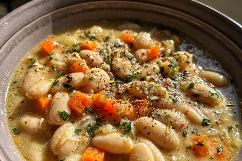 A colorful array of fresh vegetables, beans, and spices ready for Hearty Greek Bean Soup preparation.