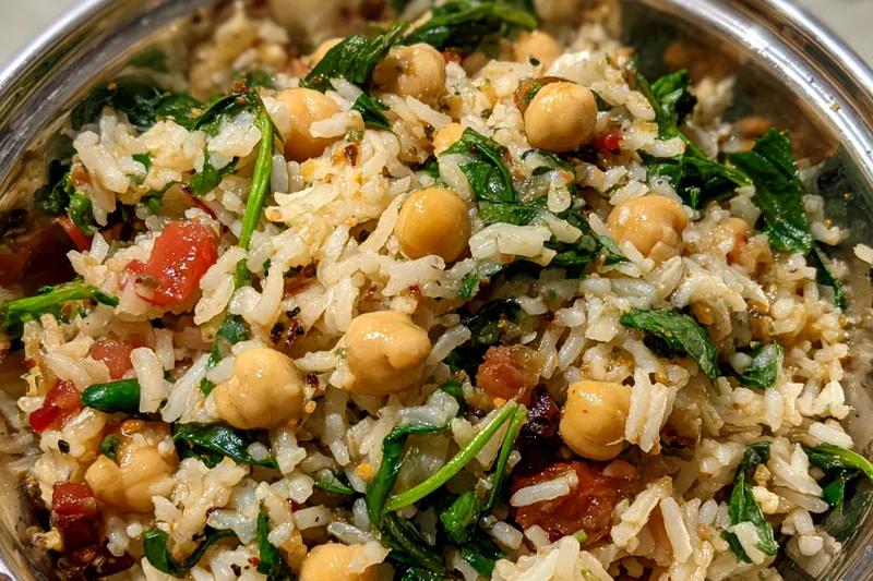 An organized display of fresh ingredients for the Hearty Mediterranean Rice Bowl, including rice, chickpeas, and fresh vegetables.