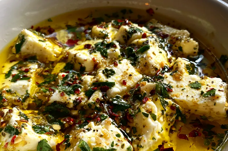 A step-by-step process of making Herbed Feta Dipping Oil, showing the mixing of ingredients in a bowl.