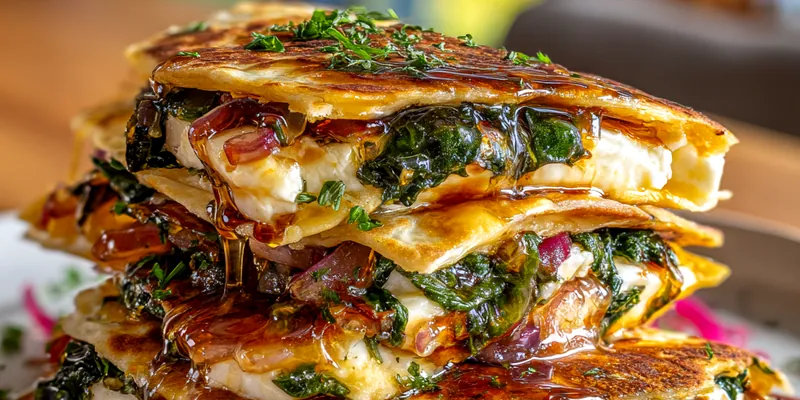 Stacked halloumi and spinach quesadillas with caramelized onions, dripping with golden hot honey on a rustic plate