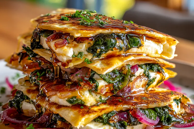 Blocks of halloumi, fresh spinach leaves, red onions, tortillas, and a jar of honey on a marble counter