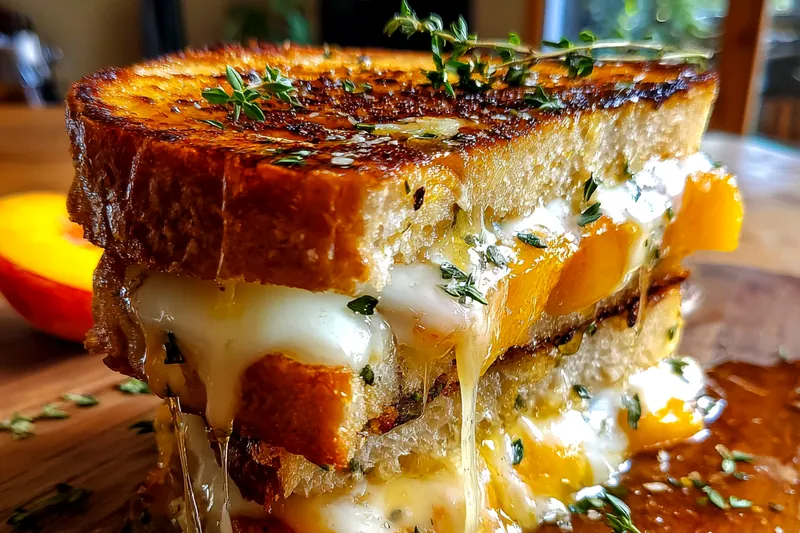 Golden brown sandwich in a skillet with cheese stretching out