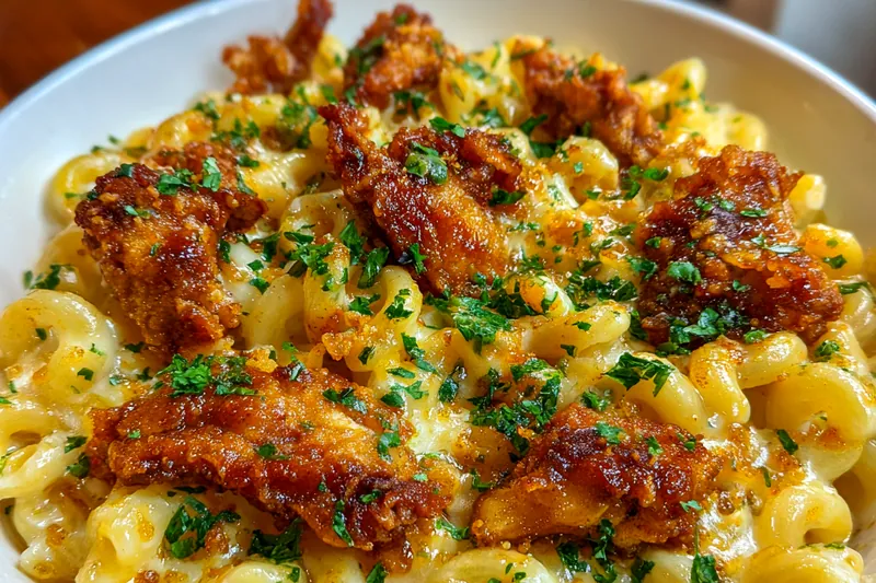 A busy stovetop with Honey Pepper Chicken Mac being prepared, showcasing the cooking process in action.