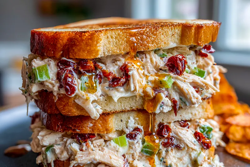Ingredients for chicken salad melt: shredded chicken, mayo, sun-dried tomatoes, green onions, sourdough bread, and a jar of honey