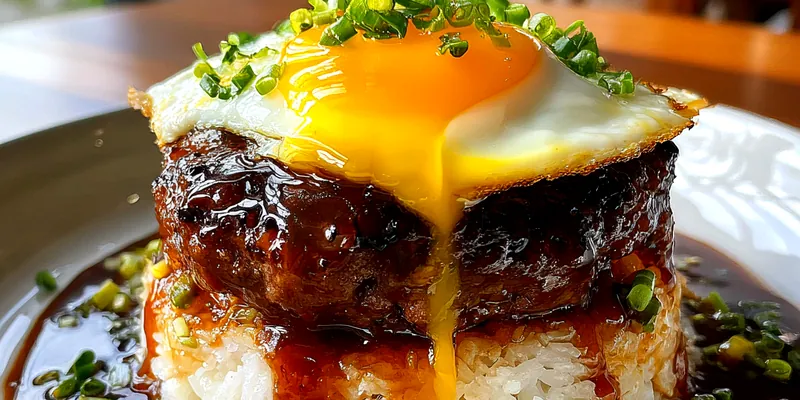A close-up of a Japanese Hamburger Steak bowl with glistening brown gravy, a sunny-side-up egg with a runny yolk, and fresh green onions