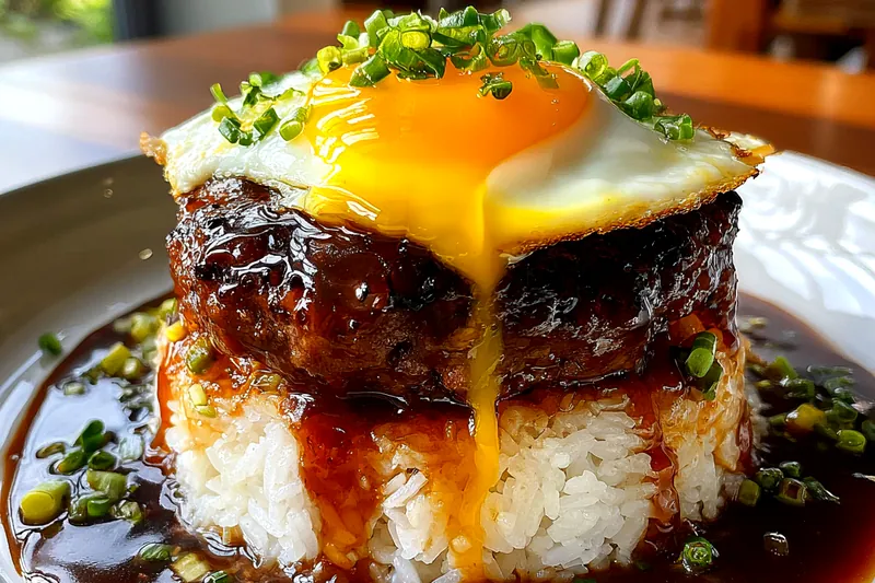 Ingredients including ground beef, pork, onions, panko, eggs, soy sauce, and ketchup arranged on a kitchen counter