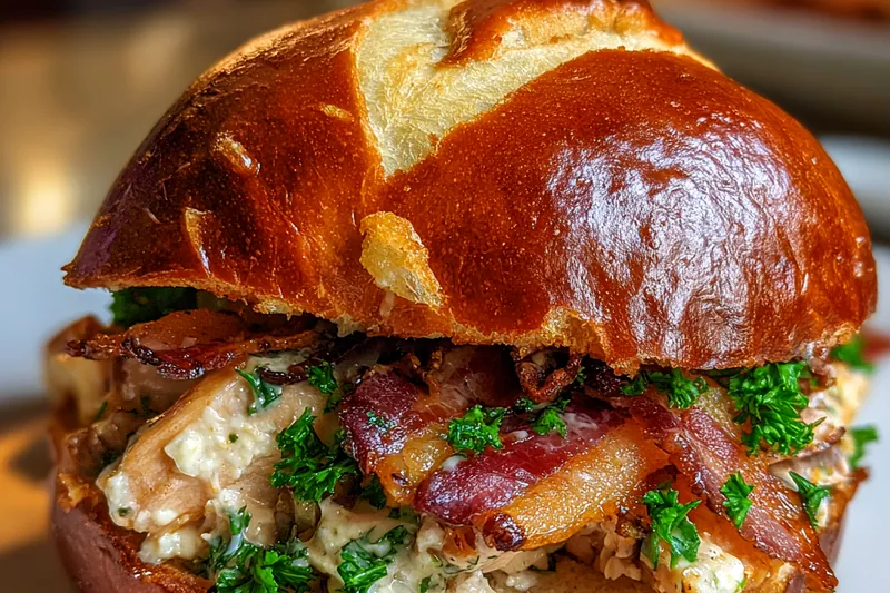 Assembling the sandwich by placing bacon strips on top of the chicken salad mound