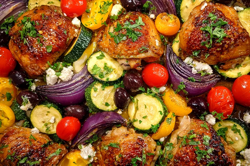 A colorful array of fresh ingredients for the Mediterranean Chicken Feast, including chicken, vegetables, and herbs.