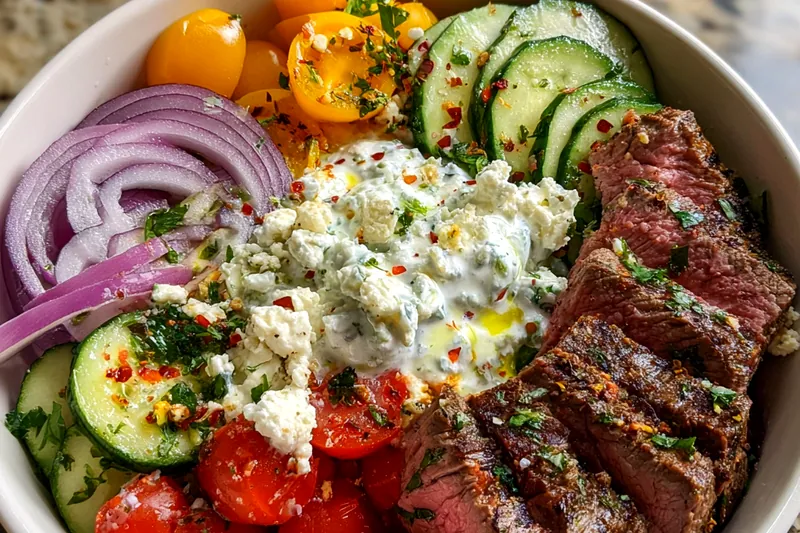 Cooking process for Mediterranean Steak Bowl Delight