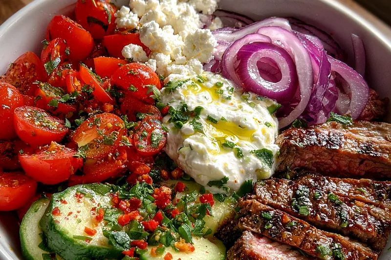 Fresh ingredients for Mediterranean Steak Bowl Delight