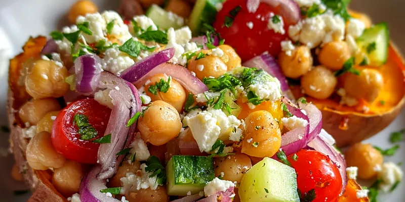 Delicious Mediterranean Stuffed Sweet Potatoes served on a plate