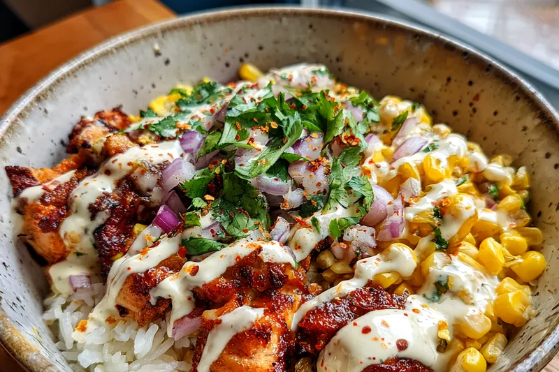 Ingredients for chicken corn bowl including raw chicken, corn, cilantro, limes, and spices on a countertop
