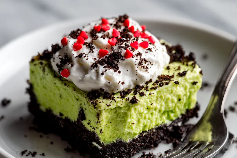 Process shot of spreading the green pistachio pudding layer over the white cream cheese layer in a baking dish