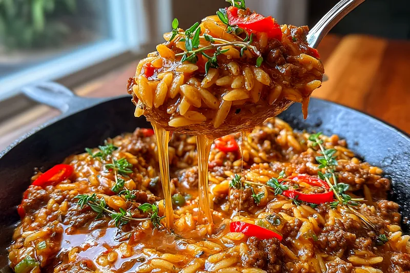 Mise en place for beef orzo skillet showing ground beef, uncooked orzo, chopped peppers, onions, broth, and spices