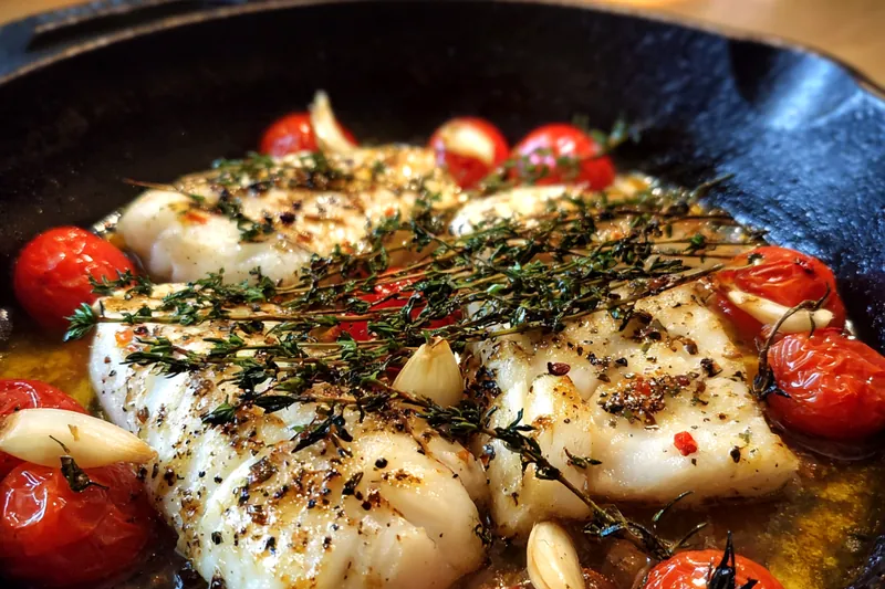 A vibrant arrangement of fresh fish, cherry tomatoes, olives, and spices for Quick Mediterranean Fish Delight.