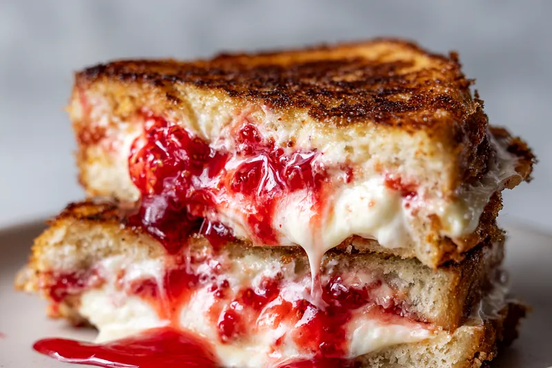 Stuffed french toast sizzling in a buttered skillet, golden brown crust forming