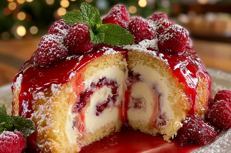 Process shot of lining a glass bowl with sponge cake slices and filling it with white cream and raspberry sauce