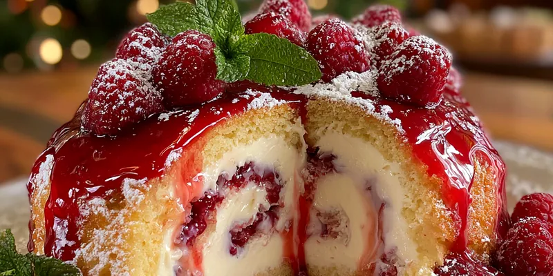 Sliced raspberry cream sponge dome cake revealing white cream filling and berry swirls, topped with fresh fruit and powdered sugar