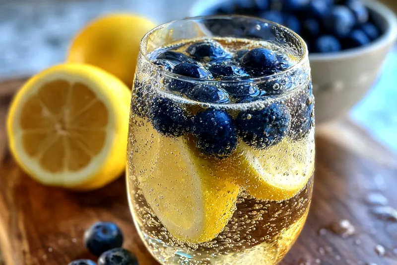 A pitcher of Refreshing Blueberry Lemon Sangria with fresh fruit and herbs displayed beautifully.