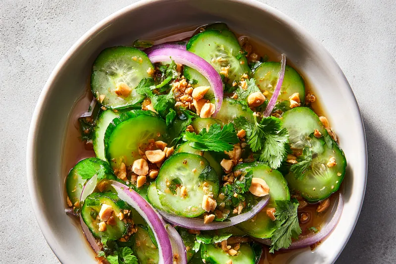 A vibrant bowl of Refreshing Thai Cucumber Delight being tossed together with dressing and garnished with peanuts.