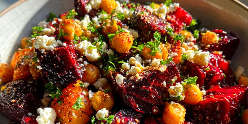 Delicious Roasted Beet Chickpea Salad served on a plate