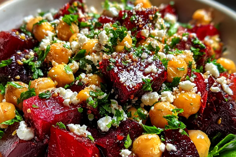 Fresh ingredients for Roasted Beet Chickpea Salad