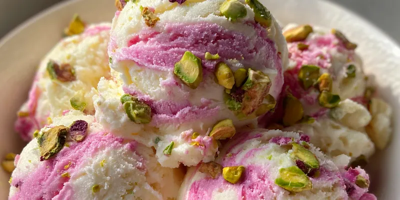 Delicious Rose Pistachio Ice Cream Delight served on a plate