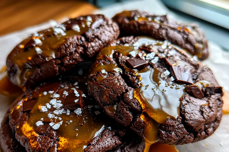 Freshly baked chocolate cookies on a rack being drizzled with warm amber caramel sauce