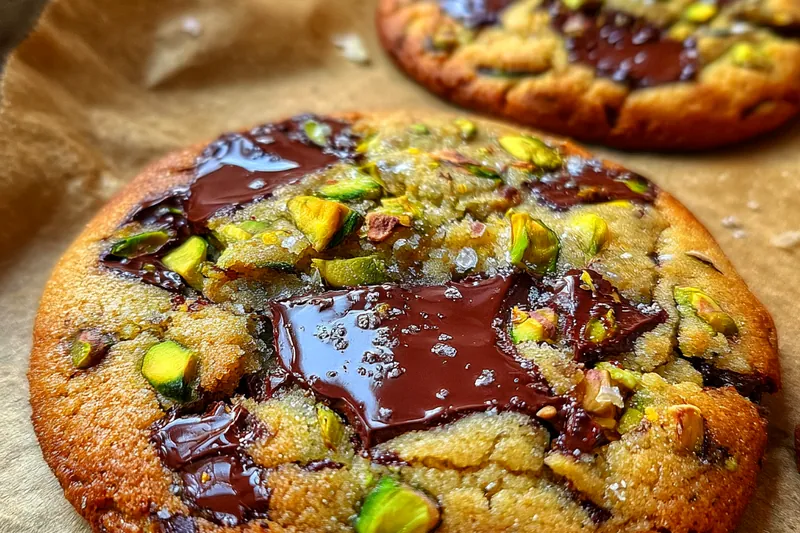 Fresh ingredients for Salted Pistachio Chocolate Cookies