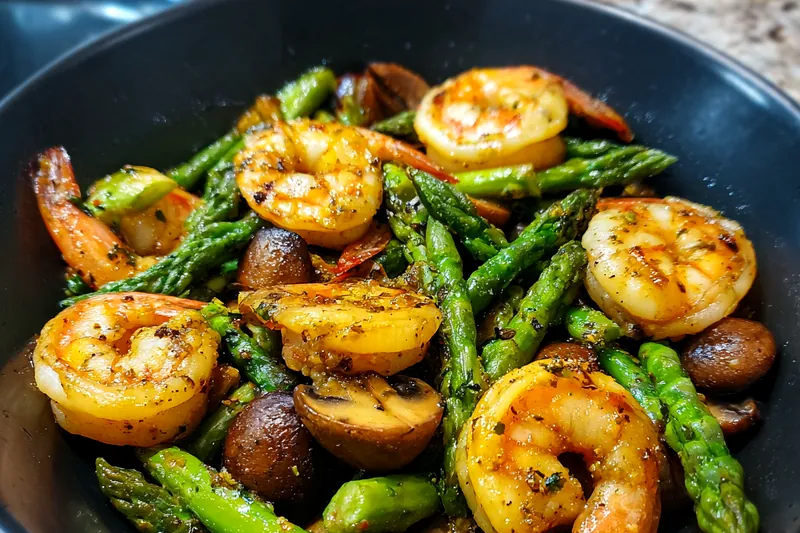 Fresh ingredients including shrimp and asparagus arranged attractively.
