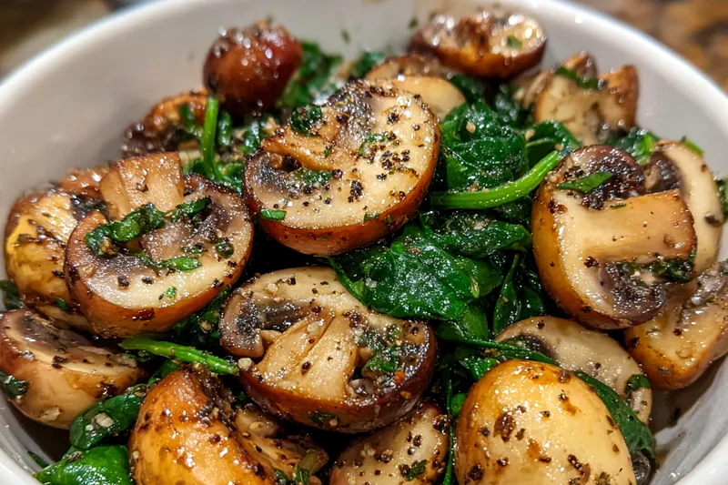 A skillet on the stove with sautéing spinach and mushrooms, showcasing the cooking process.