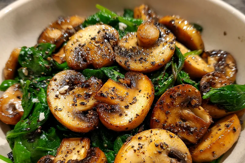 Fresh spinach, sliced mushrooms, and seasonings arranged for Sautéed Spinach and Mushrooms.