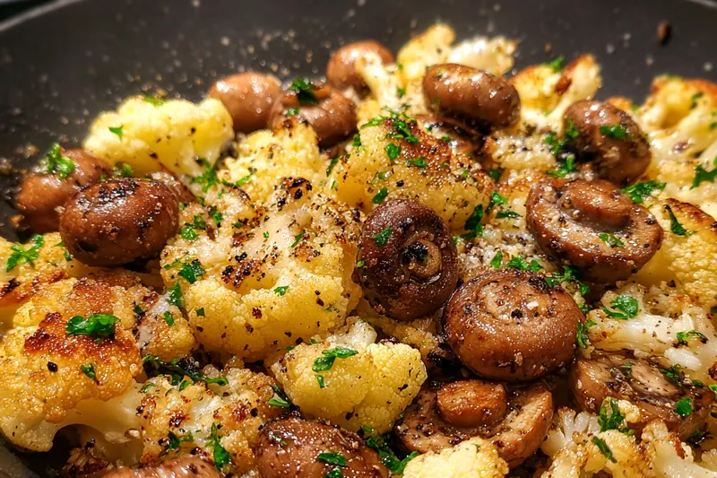 A chef sautéing garlic, cauliflower, and mushrooms in a skillet, showcasing the vibrant colors and textures.