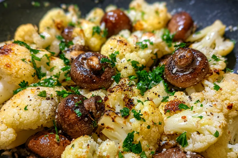 A beautiful arrangement of fresh cauliflower, mushrooms, and herbs ready for sautéing.