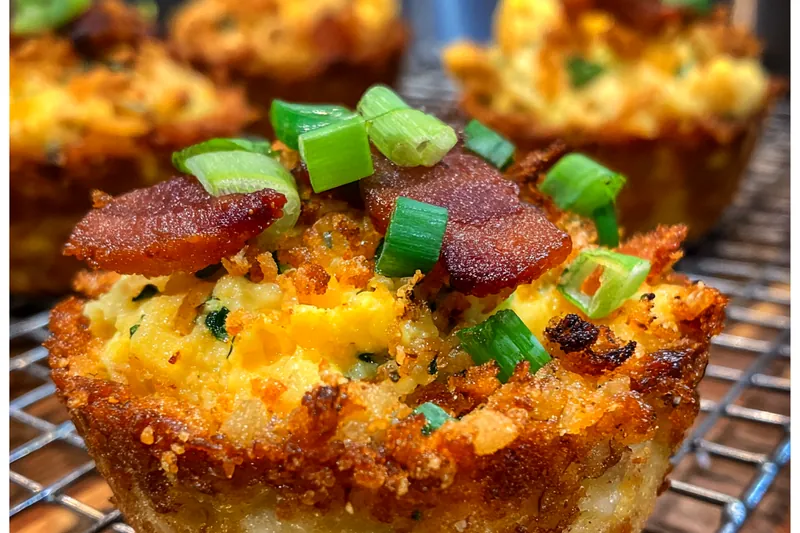 A chef mixing batter for Savory Bacon Egg Muffins in a bright kitchen.
