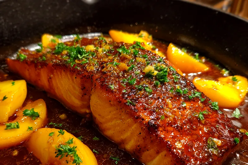 A neatly arranged layout of ingredients for Savory Bourbon Peach Salmon, including fresh salmon, peaches, and various spices.