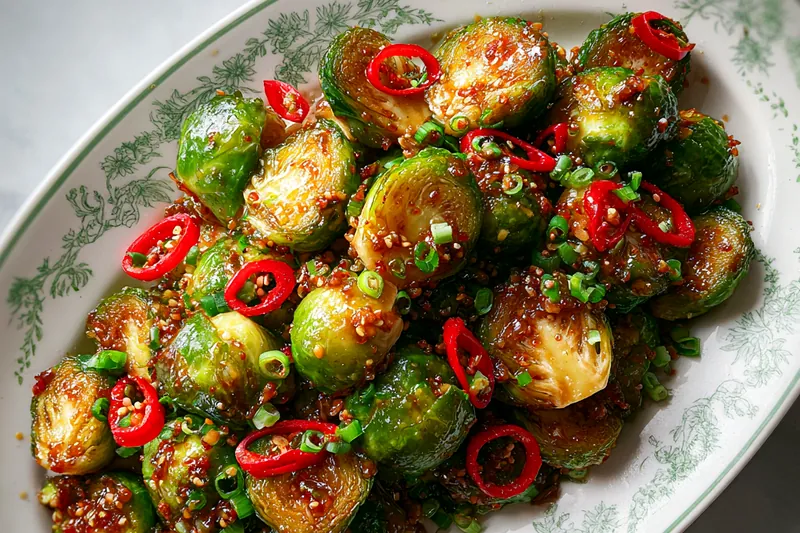 Fresh Brussels sprouts, garlic, and sauces arranged neatly on a kitchen countertop, ready for preparation.