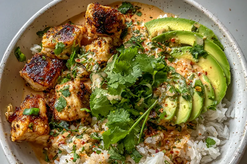 Ingredients for Savory Coconut Chicken Bowl laid out on a wooden table.