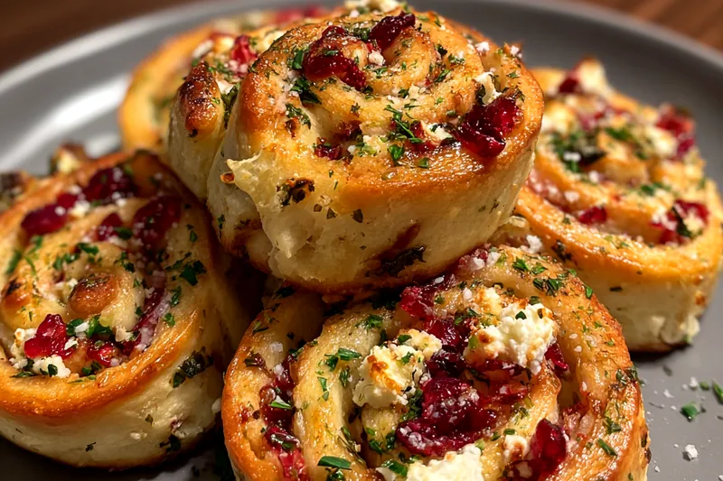 A step-by-step visual guide to making Savory Cranberry Feta Pinwheels, showcasing the rolling and slicing process.