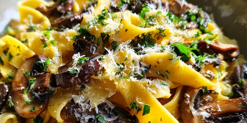 Delicious Savory Garlic Mushroom Pasta served on a plate
