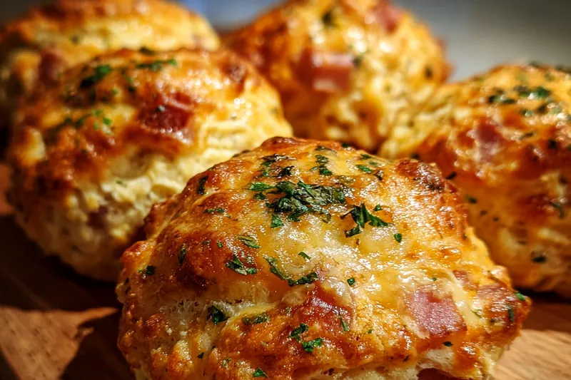 Freshly baked ham and cheese scones cooling on a wire rack, showing melted cheese edges