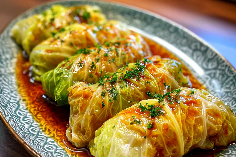Ingredients for stuffed cabbage including raw ground beef, a head of cabbage, cooked rice, onion, garlic, and spices on a workspace