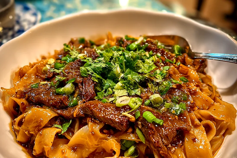 A colorful display of the cooking process for Savory Korean Beef Noodle Delight, showcasing vibrant vegetables and sizzling beef.