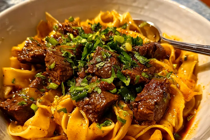An assortment of fresh ingredients for Savory Korean Beef Noodle Delight, including beef, noodles, and vegetables.