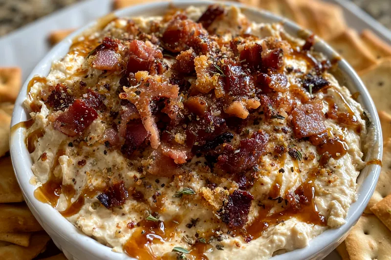 A step-by-step visual of the cooking process for Savory Maple Bacon Dip Delight, featuring bacon frying in a skillet.